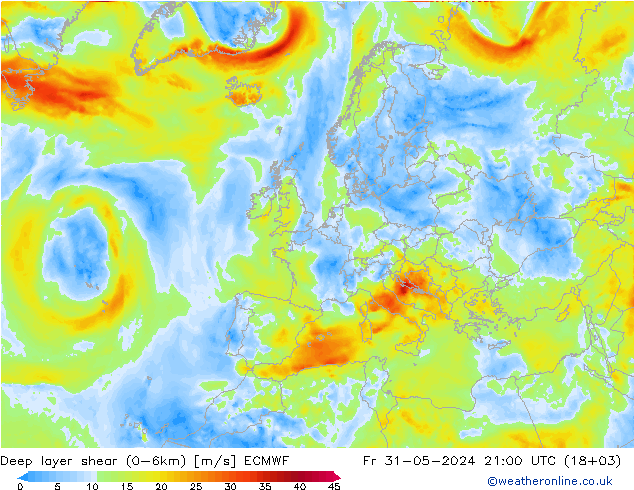 Deep layer shear (0-6km) ECMWF Fr 31.05.2024 21 UTC