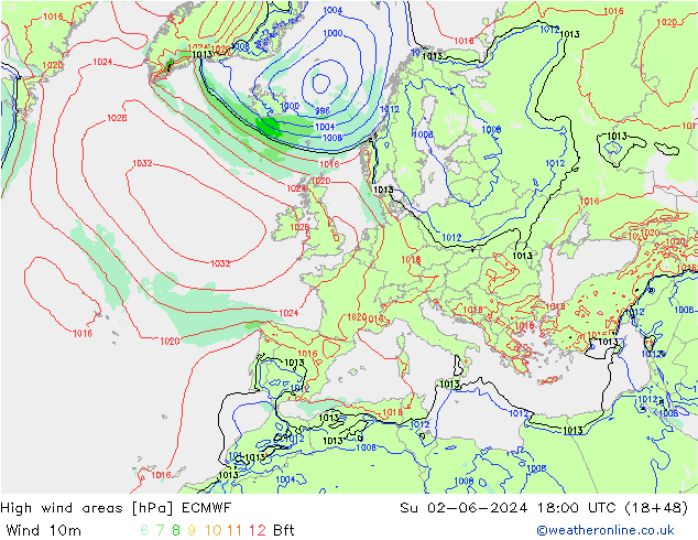 High wind areas ECMWF Dom 02.06.2024 18 UTC