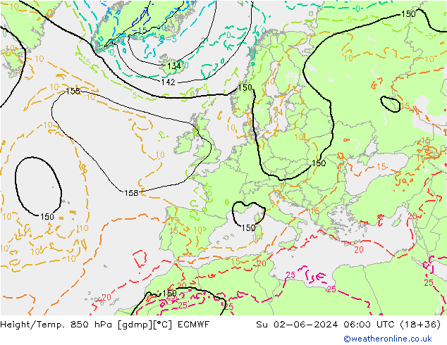 Geop./Temp. 850 hPa ECMWF dom 02.06.2024 06 UTC