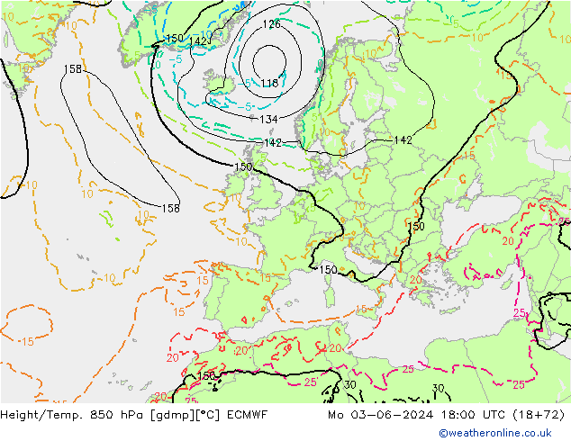 Height/Temp. 850 hPa ECMWF Mo 03.06.2024 18 UTC