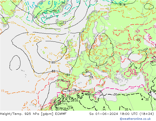 Yükseklik/Sıc. 925 hPa ECMWF Cts 01.06.2024 18 UTC