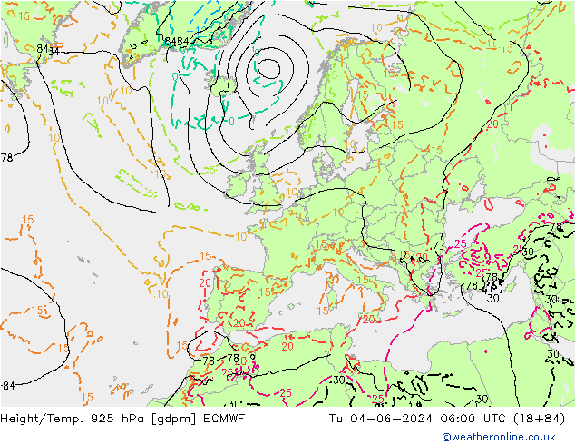 Hoogte/Temp. 925 hPa ECMWF di 04.06.2024 06 UTC