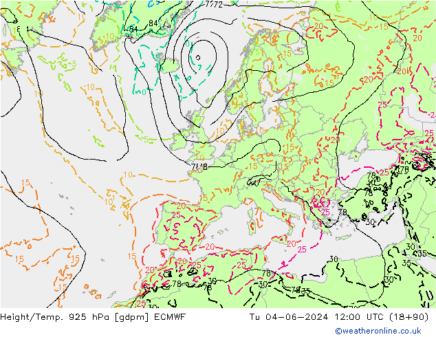 Height/Temp. 925 hPa ECMWF Tu 04.06.2024 12 UTC