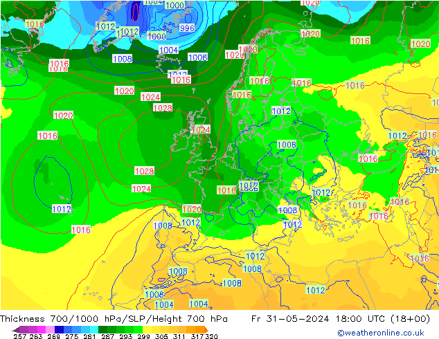 Thck 700-1000 hPa ECMWF ven 31.05.2024 18 UTC