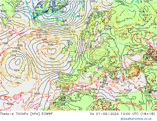 Theta-e 700hPa ECMWF sab 01.06.2024 12 UTC