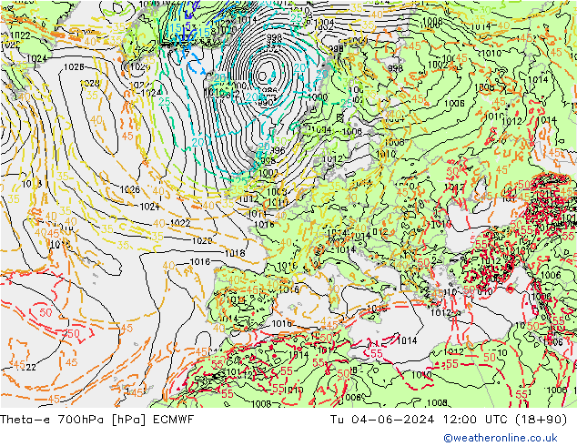 Theta-e 700hPa ECMWF Tu 04.06.2024 12 UTC