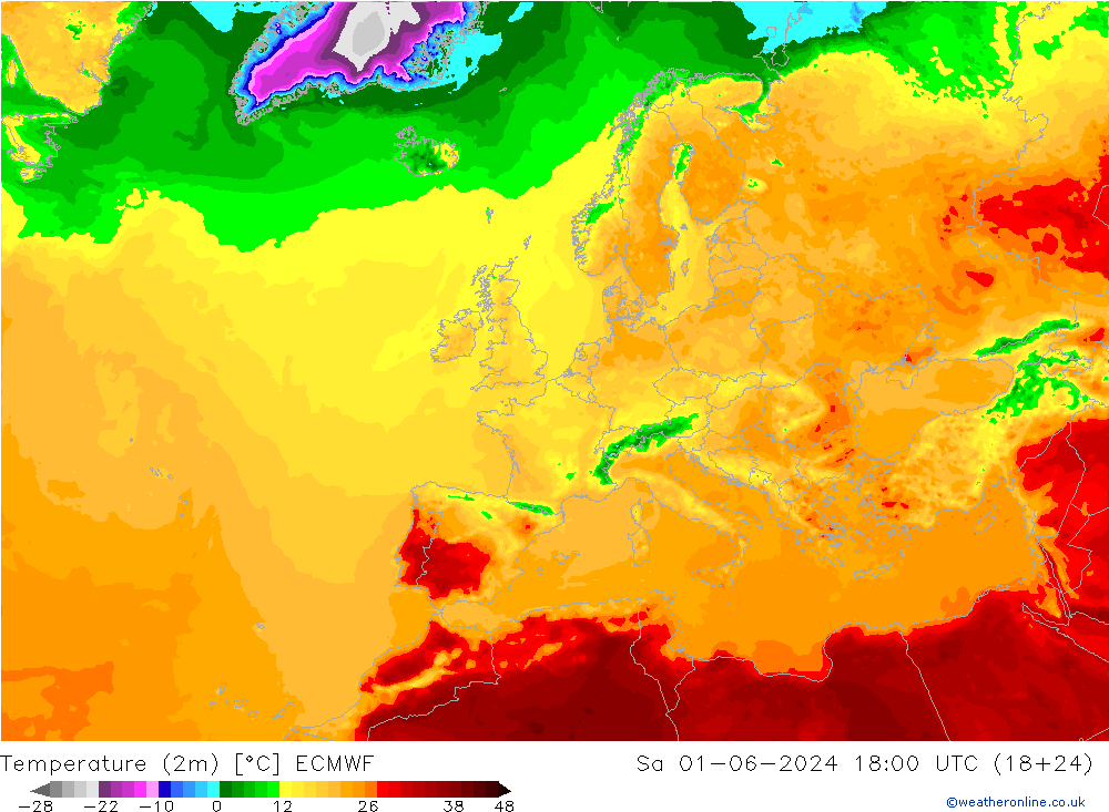 mapa temperatury (2m) ECMWF so. 01.06.2024 18 UTC