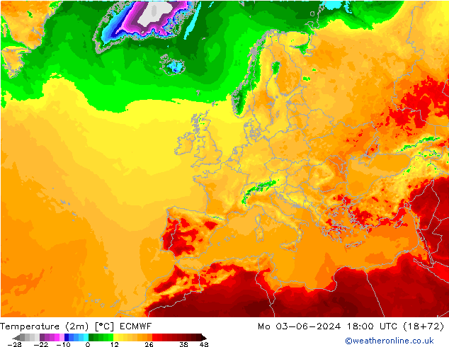 Temperatura (2m) ECMWF Seg 03.06.2024 18 UTC