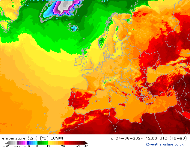 Temperaturkarte (2m) ECMWF Di 04.06.2024 12 UTC