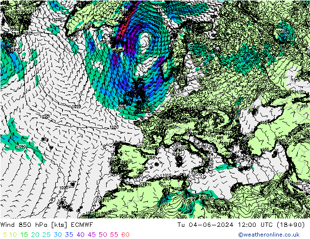 Wind 850 hPa ECMWF Tu 04.06.2024 12 UTC