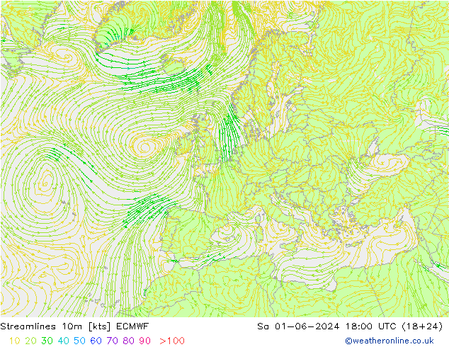 Linha de corrente 10m ECMWF Sáb 01.06.2024 18 UTC