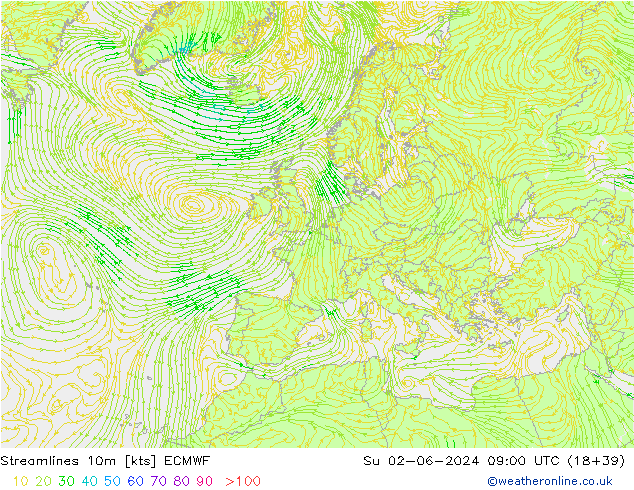 Línea de corriente 10m ECMWF dom 02.06.2024 09 UTC