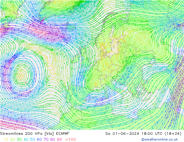 Stromlinien 200 hPa ECMWF Sa 01.06.2024 18 UTC