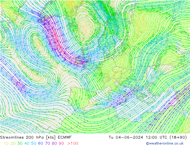 Linea di flusso 200 hPa ECMWF mar 04.06.2024 12 UTC