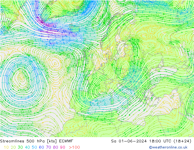 ветер 500 гПа ECMWF сб 01.06.2024 18 UTC