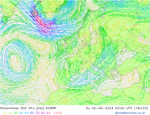 Linea di flusso 500 hPa ECMWF dom 02.06.2024 03 UTC