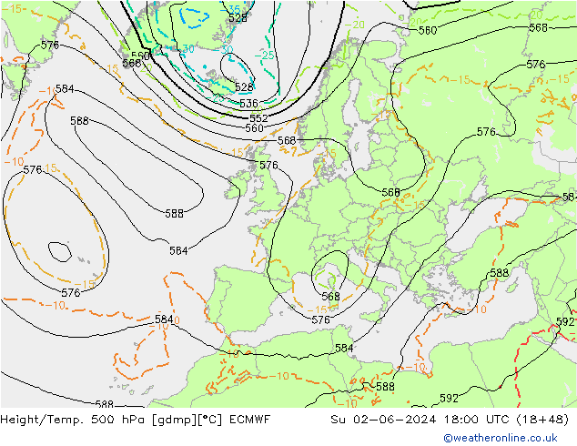 Z500/Rain (+SLP)/Z850 ECMWF Вс 02.06.2024 18 UTC