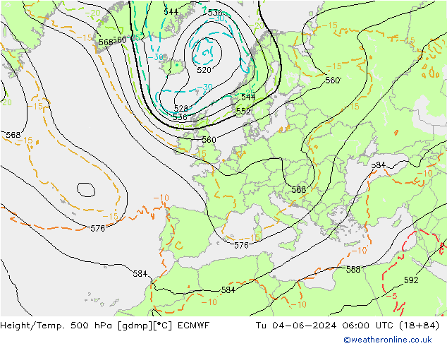 Height/Temp. 500 hPa ECMWF Tu 04.06.2024 06 UTC