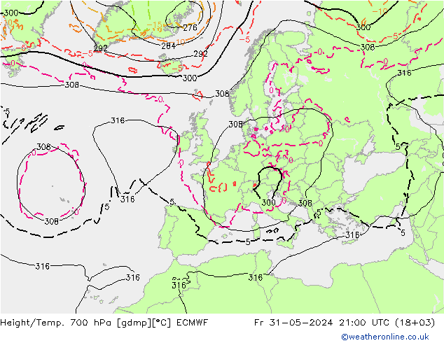 Height/Temp. 700 hPa ECMWF ven 31.05.2024 21 UTC