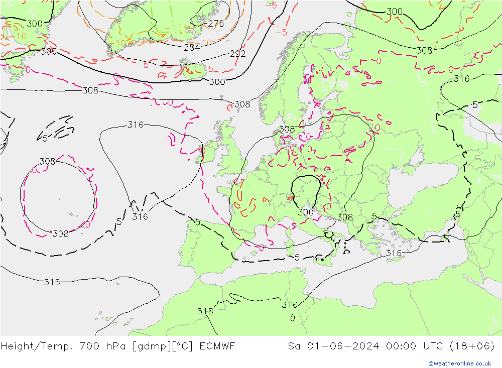 Geop./Temp. 700 hPa ECMWF sáb 01.06.2024 00 UTC