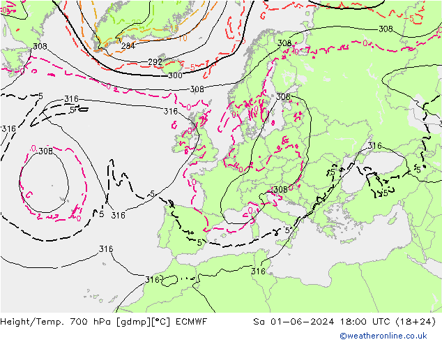 Géop./Temp. 700 hPa ECMWF sam 01.06.2024 18 UTC