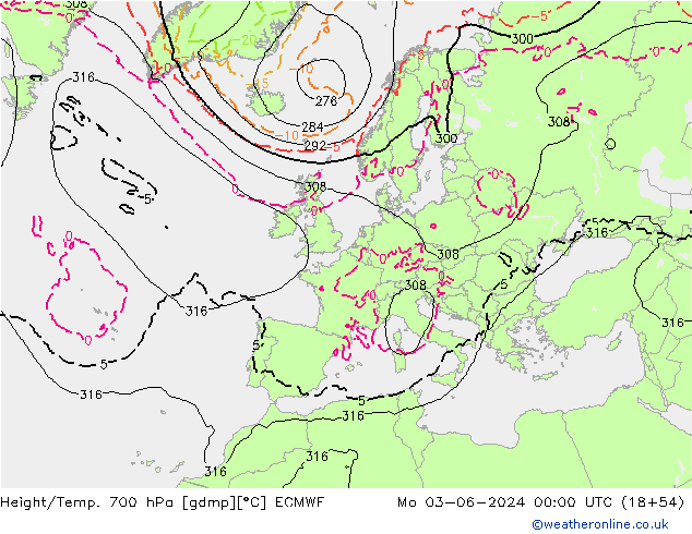 Height/Temp. 700 hPa ECMWF Mo 03.06.2024 00 UTC