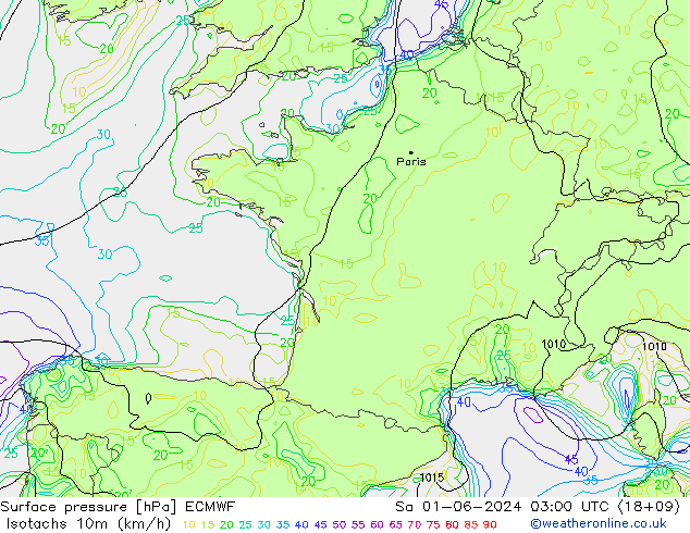 Isotaca (kph) ECMWF sáb 01.06.2024 03 UTC