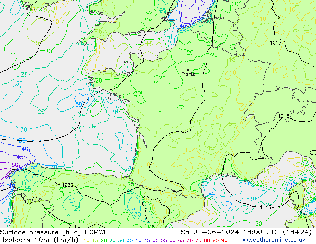 Isotachs (kph) ECMWF Sa 01.06.2024 18 UTC