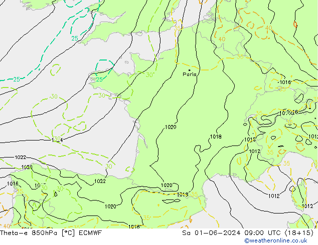 Theta-e 850hPa ECMWF za 01.06.2024 09 UTC