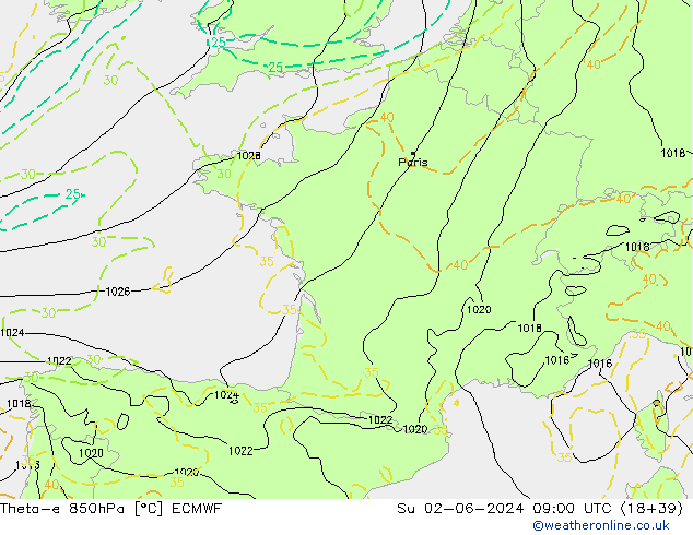 Theta-e 850hPa ECMWF Su 02.06.2024 09 UTC