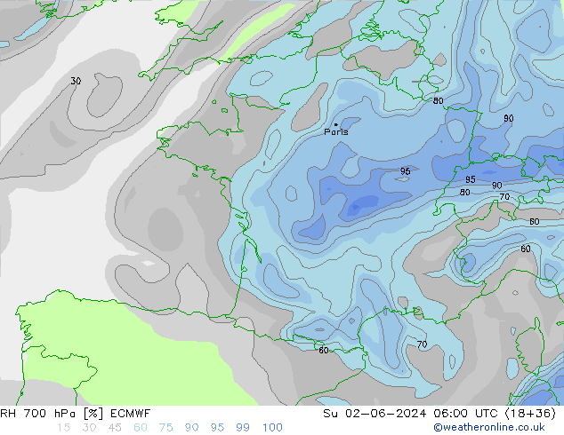 RH 700 hPa ECMWF Ne 02.06.2024 06 UTC