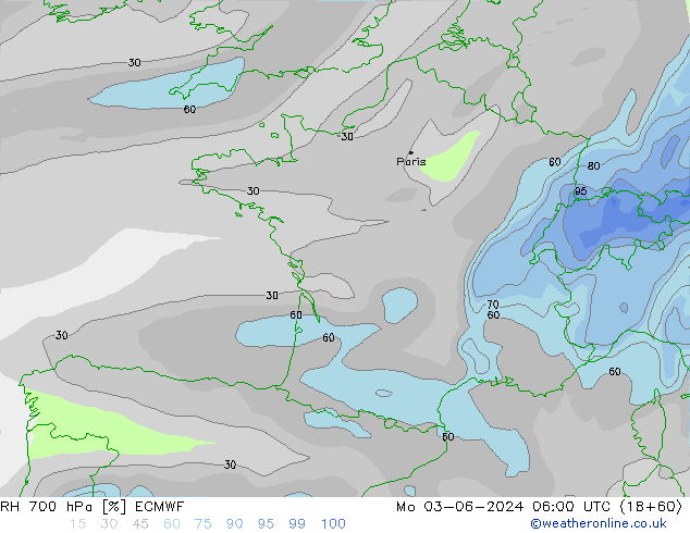 Humidité rel. 700 hPa ECMWF lun 03.06.2024 06 UTC