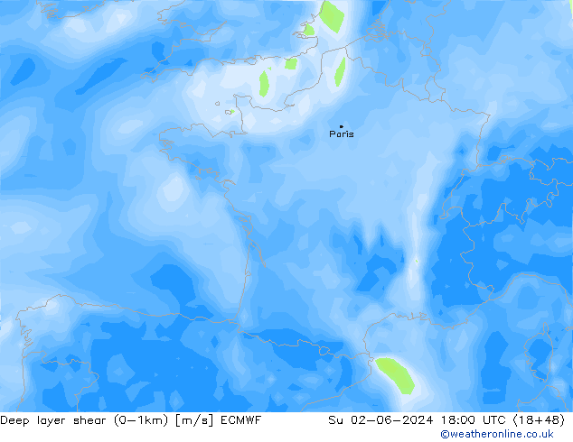 Deep layer shear (0-1km) ECMWF So 02.06.2024 18 UTC