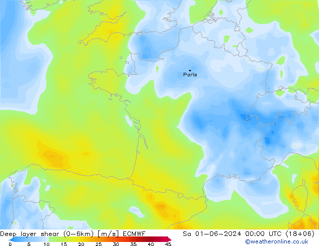 Deep layer shear (0-6km) ECMWF so. 01.06.2024 00 UTC