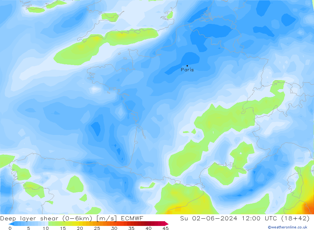 Deep layer shear (0-6km) ECMWF Dom 02.06.2024 12 UTC