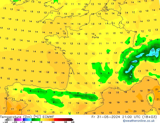 Temperatuurkaart (2m) ECMWF vr 31.05.2024 21 UTC