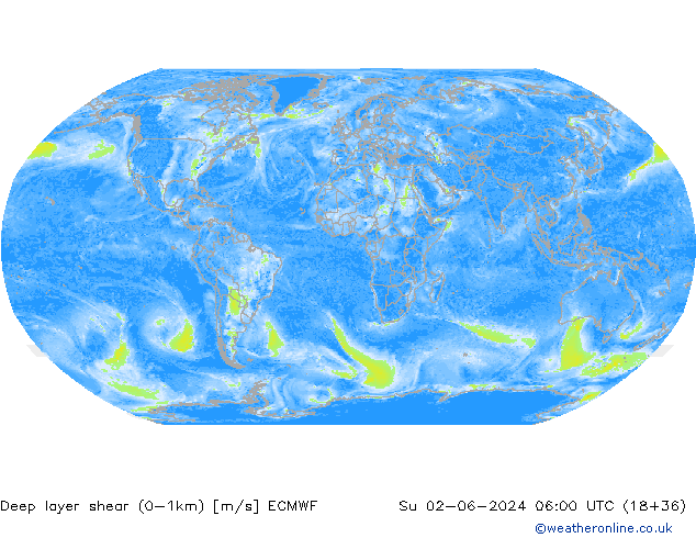 Deep layer shear (0-1km) ECMWF Dom 02.06.2024 06 UTC