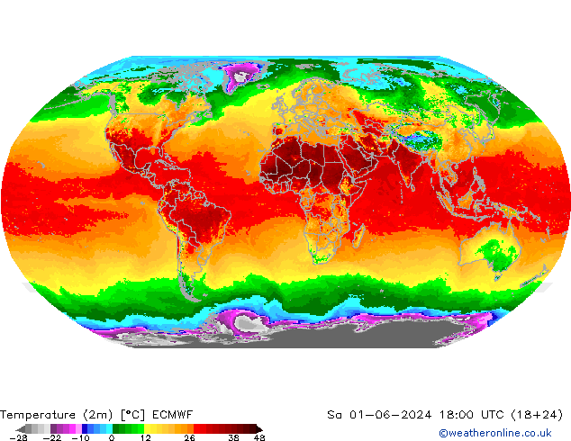 Temperatuurkaart (2m) ECMWF za 01.06.2024 18 UTC