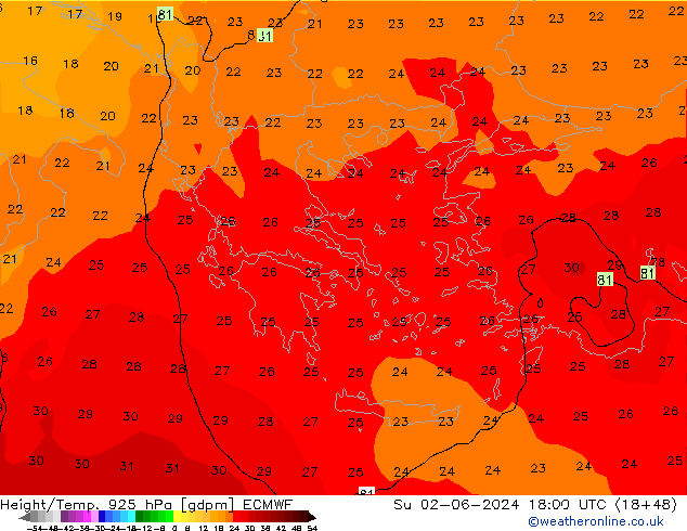 Height/Temp. 925 hPa ECMWF Dom 02.06.2024 18 UTC