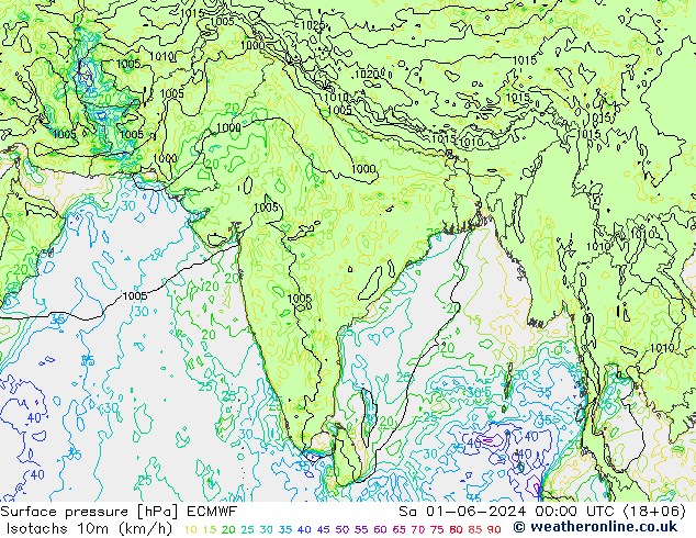 Isotachs (kph) ECMWF сб 01.06.2024 00 UTC