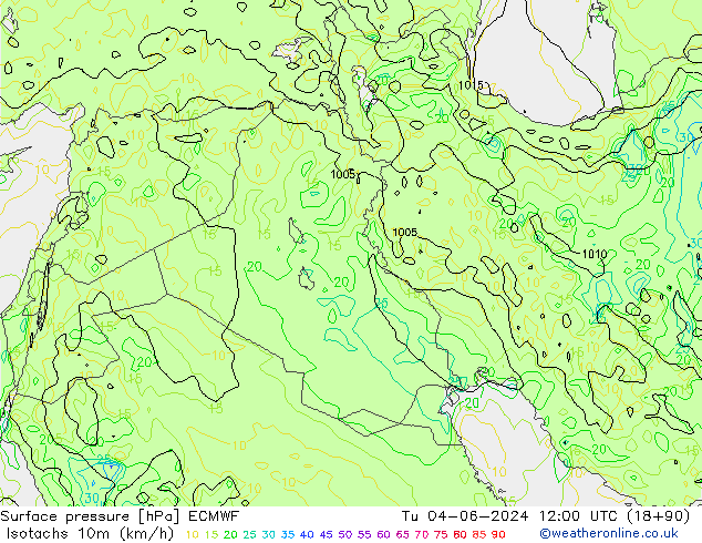 Isotachs (kph) ECMWF  04.06.2024 12 UTC