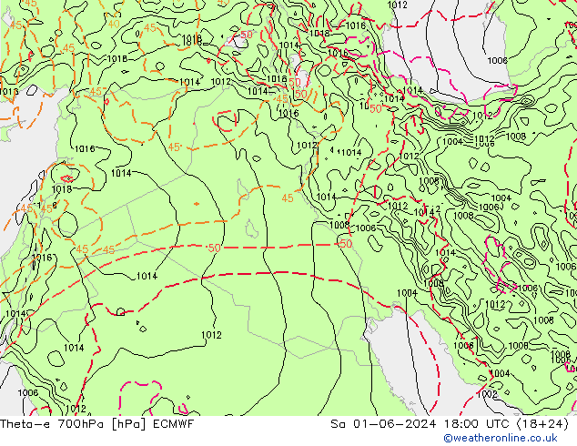 Theta-e 700hPa ECMWF sab 01.06.2024 18 UTC