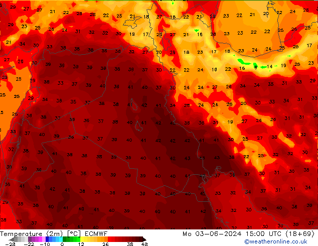 mapa temperatury (2m) ECMWF pon. 03.06.2024 15 UTC