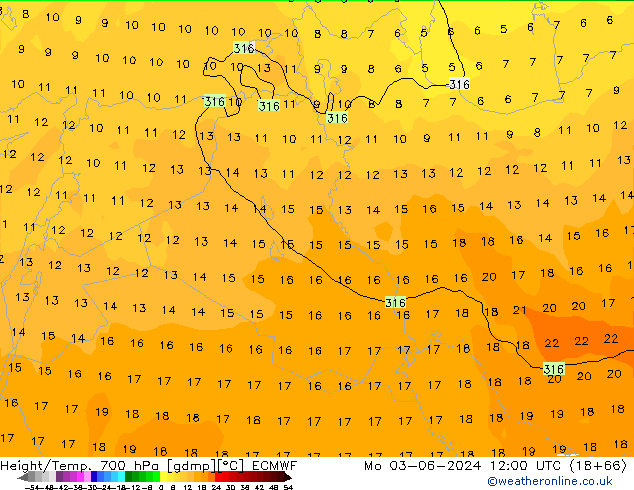 Height/Temp. 700 hPa ECMWF Mo 03.06.2024 12 UTC