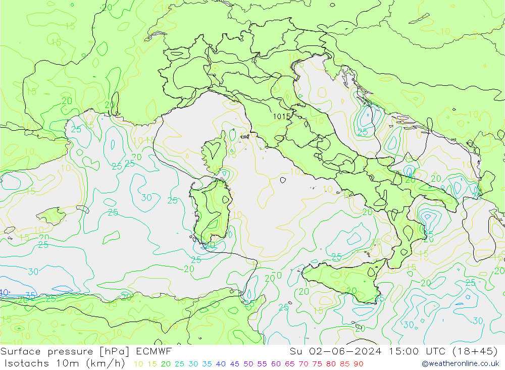 Eşrüzgar Hızları (km/sa) ECMWF Paz 02.06.2024 15 UTC