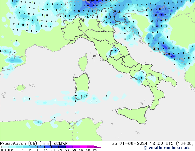 Precipitation (6h) ECMWF Sa 01.06.2024 00 UTC