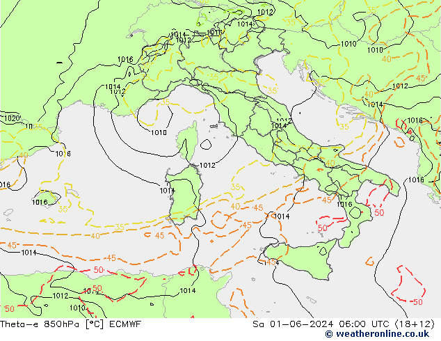 Theta-e 850hPa ECMWF so. 01.06.2024 06 UTC