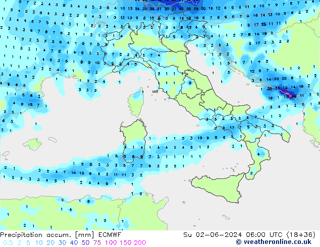 Precipitation accum. ECMWF Su 02.06.2024 06 UTC