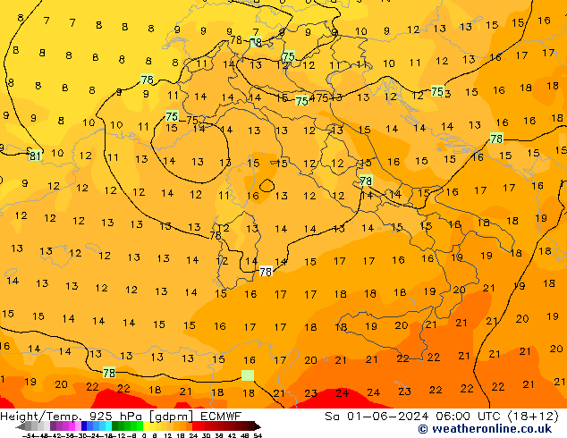 Height/Temp. 925 hPa ECMWF Sa 01.06.2024 06 UTC