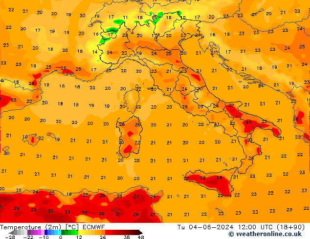 Temperatuurkaart (2m) ECMWF di 04.06.2024 12 UTC